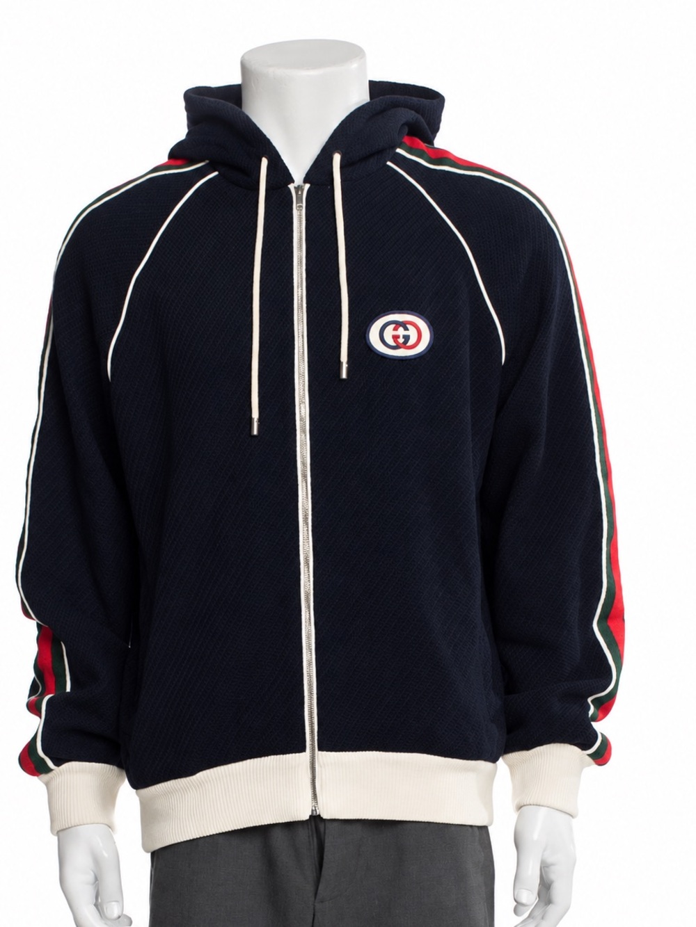 NWT Gucci Navy Zip-Up Hoodie with Red & Green Sleeve Stripes